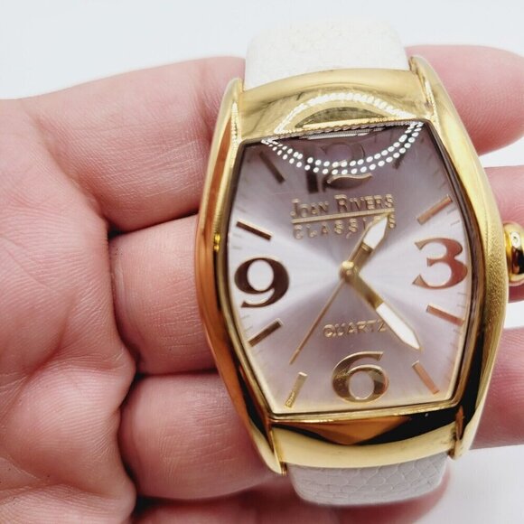 Joan Rivers Quartz Cuff Watch White Genuine Leather Band Gold Tone - Picture 2 of 11